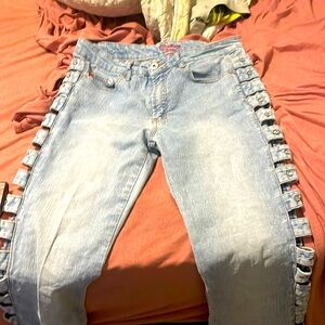 Boot cut women jeans cut out with rinestones